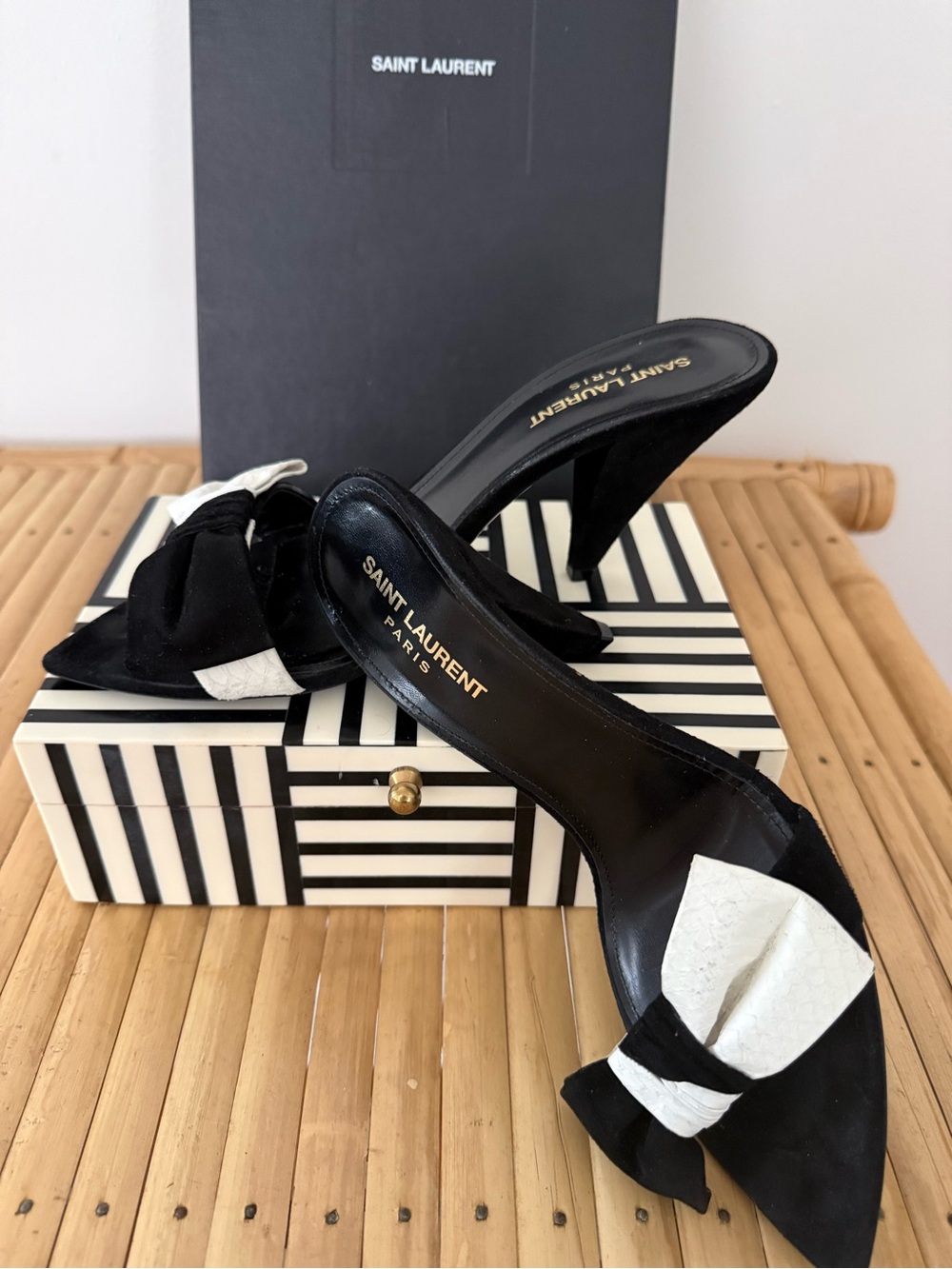 Saint Laurent Black and White Bow-Front Pointed-Toe Mules